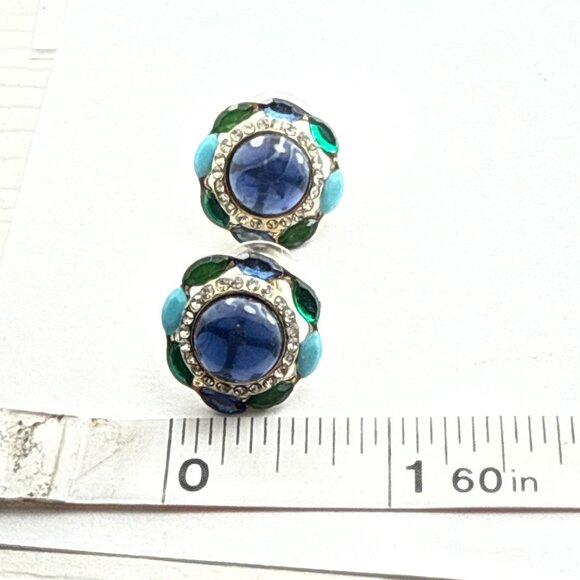 Vintage Gold Tone Rhinestone Flower Stud Earrings Blue Green Round Statement - Picture 6 of 6